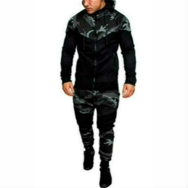 

mens fashion hooded tracksuits camouflage designer panelled hoodies pants 2pcs clothing sets pullover outfits mens clothes, Gray