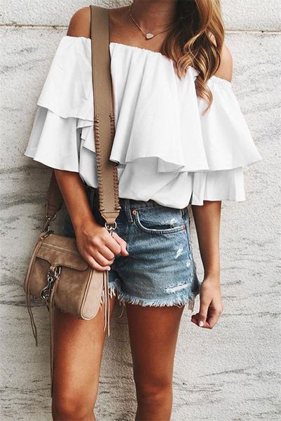 

women designer ruffle tshirts spring fashion slash neck loose tees casual solid color womens clothing, White