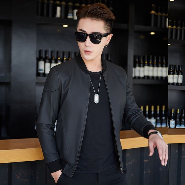 

men's leather & faux male inferior smooth sheep collar baseball uniform and the spring autumn period casual thread, Black