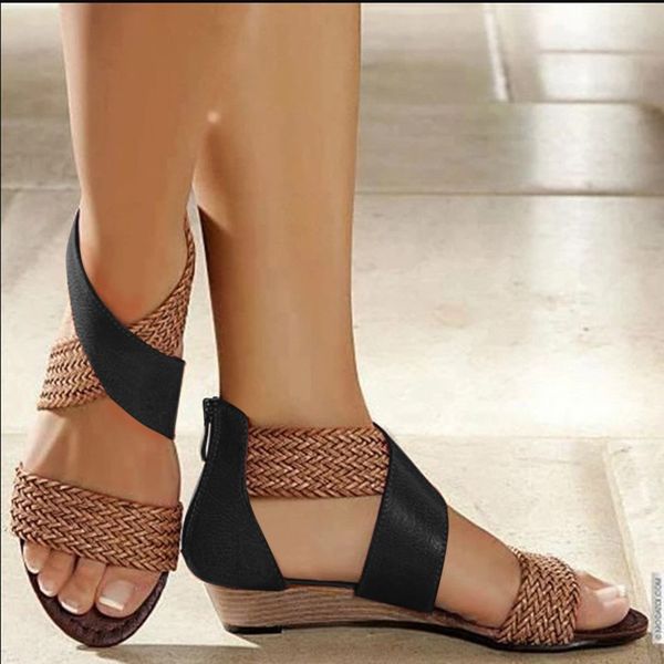 

women weave wedge heel shoes zipper sandals casual beach sandals roman shoes summer non-slip flip flop slippers 2020 new fashion t200529, Black