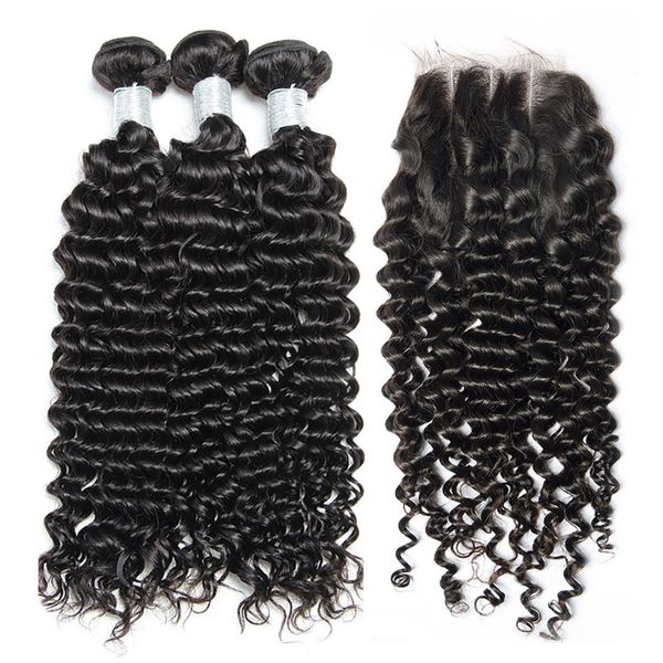 

Peruvian Curly Virgin Human Hair Weaves 3 Bundles with 1 pcs Lace Closures 8A Peruvian Deep Jerry Curly Remy Hair Extensions Natural Color
