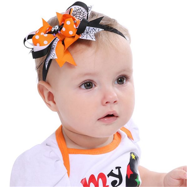 

kids halloween hair bows grosgrain ribbon bows spider bats kids headbands knot toddler stretchy hairwrap hair accessories wholesale afj695, Slivery;white
