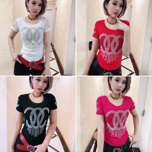 

2019 summer clothes encryption net high elasticity slim short-sleeved diamond t-shirt women's diamond pattern, White
