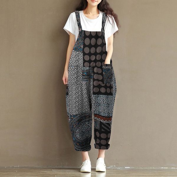 

women vintage print bohe loose bib pants cotton linen overalls jumpsuit streetwear overalls for women playsuit, Black;white