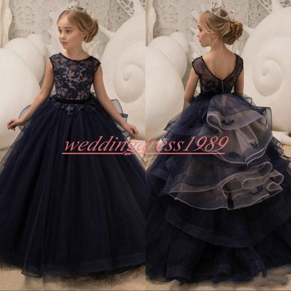 

Beautiful Navy Girls Pageant Dress Lace Tiers Cheap First Communion Girl Birthday Dress Kids Formal Party Wear Flower Girls Dresses Gowns