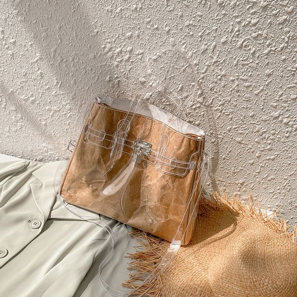 

ins transparent kraft сжатый сумки одного плеча на пляж отпуск 2019 посланника пакет crossbody сумки для женщин