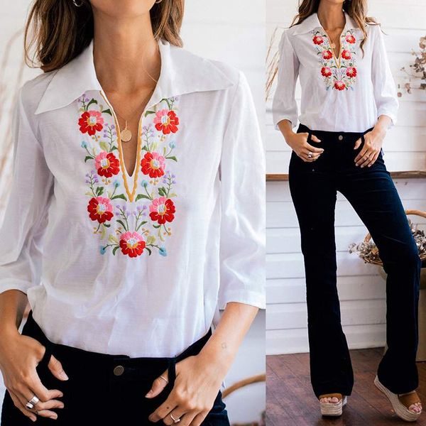 

celmia women's blouses 2019 summer shirts vintage print casual v neck 3/4 sleeve loose work blusas femininas plus size, White