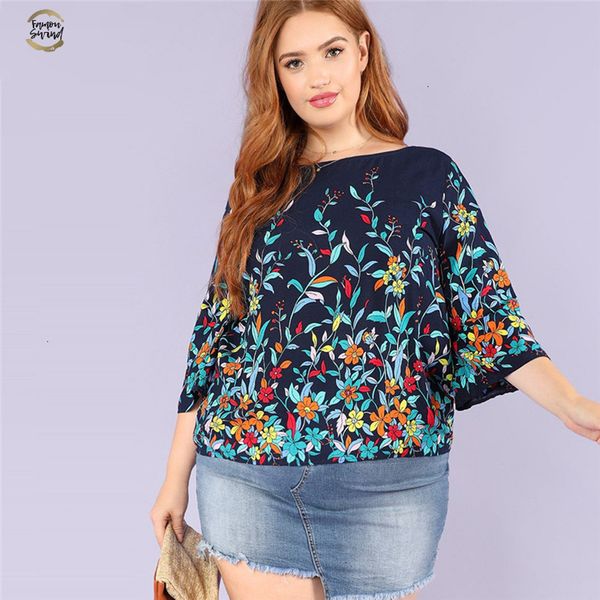 

floral print navy plus size round neck casual women blouse new three quarter sleeve botanical print rayon blouses, White