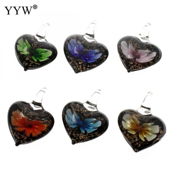 

12pcs/box mixed colors inner flower lampworked glass beads pendants charms western heart pendant necklace earring accessories, Black