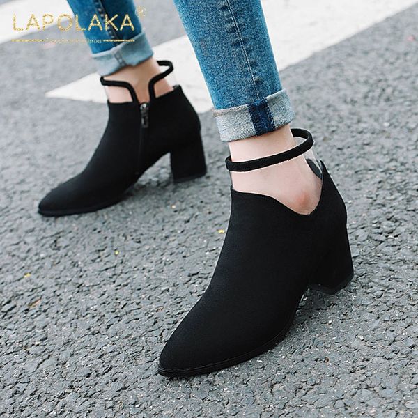 

lapolaka new fashion plus size 32-46 chunky high heels ankle boots woman shoes women zip up spring autumn shoes woman boots, Black
