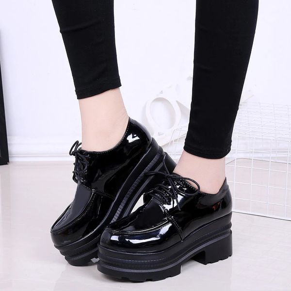 

lucyever women high heels shoes platform wedges female pumps black pu leather lace up thick bottom round toe casual shoes t200525