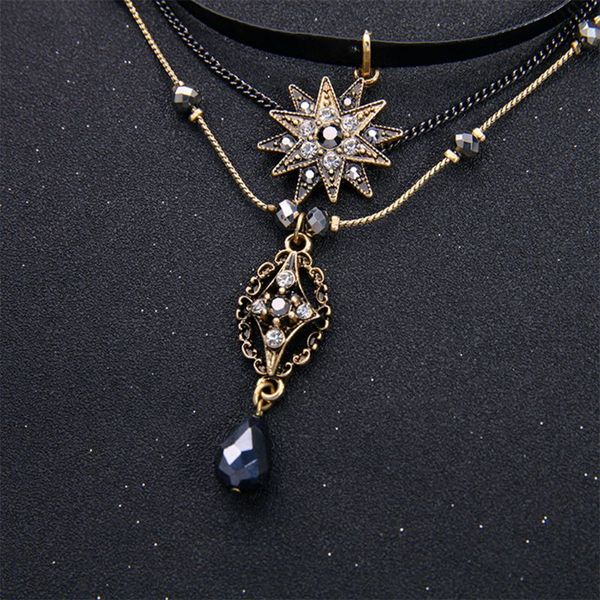 

multilayer necklace, vintage star choker chain leather pendant layer for women 875b, Silver