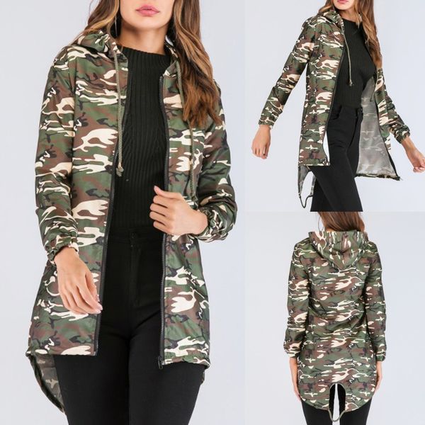 

women's autumn camouflage print long sleeve o neck zipper hooded coat, Tan;black