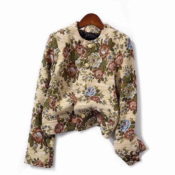 

women short coat long sleeve retro floral printed long sleeve single breasted female jacket 2020 autumn, Black;brown