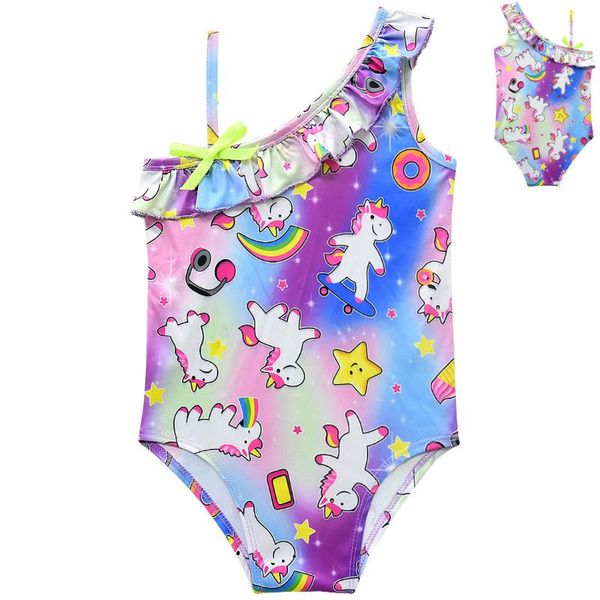 

2019 girls ruffle swimsuit one-shoulder unicorn swimwear children girls summer bathing suits kids summer beachwear g48-8036