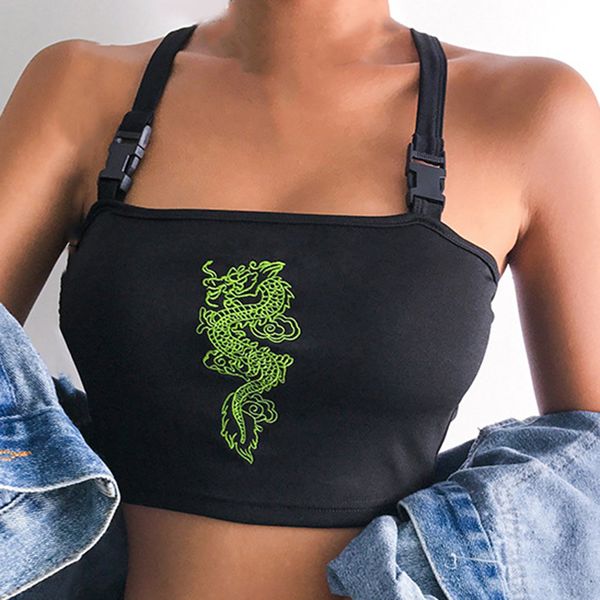 

women summer buckle black dragon embroidery tank streetwear vest crop top, White