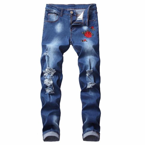 Мужские джинсы 8 цветов Мужская с разорванной модной вышивкой Роза Мужчины светло-голубой тонкий подходящий растягивающие джинсовые брюки 42