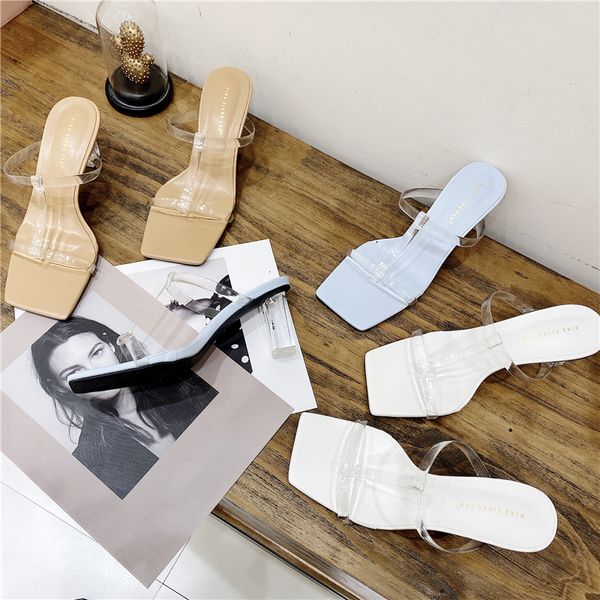 

slippers 2021 women slides 7cm high heels mules fetish summer sandals transparent clear block wedding bridal chunky shoes, Black