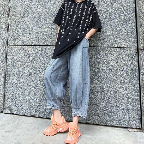

seebeautiful large size jeans female pulling rope elastic high waist pockets wide leg denim pants summer 2020 new fashion l283, Blue