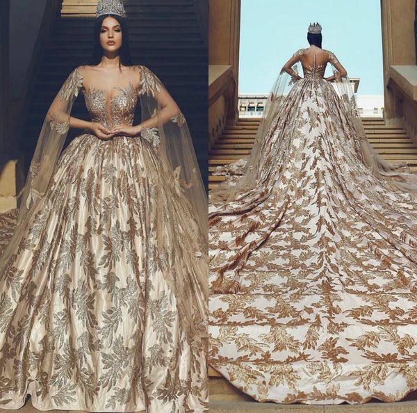 

arabic champagne wedding dresses scoop neck lace appliqued 3m long train luxury wedding dress with wrap custom made robes de mariÃ©e, White