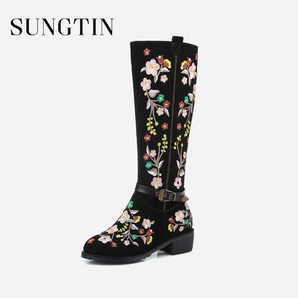 

sungtin winter plush warm women knee high boots cow suede riding boots woman vintage floral embroidery large size 46 long, Black
