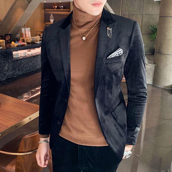 

gzdeerax pleuche mens blazer luxury single breasted casual velvet male blazer autumn and winter slim fit solid color man, White;black