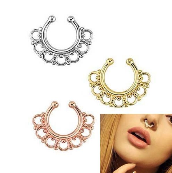 Burun Yüzükler Çiviler Sahte Burun Yüzük Unisex Punk Olmayan Piercing Sahte Burun Halka Damızlık Çember 18 K Altın Sahte Piercing Septum 16g Hint Piercing WCW130