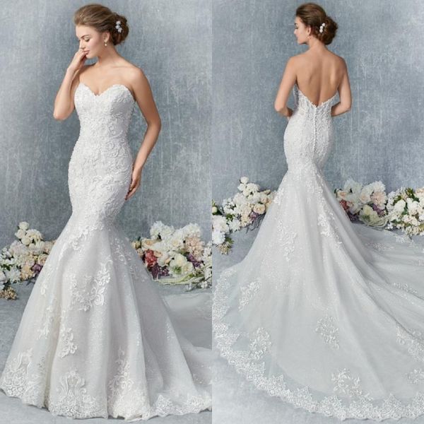 

mermaid kenneth winston wedding dresses strapless sleeveless tulle lace applique button wedding gown sweep train robe de mariÃ©e, White