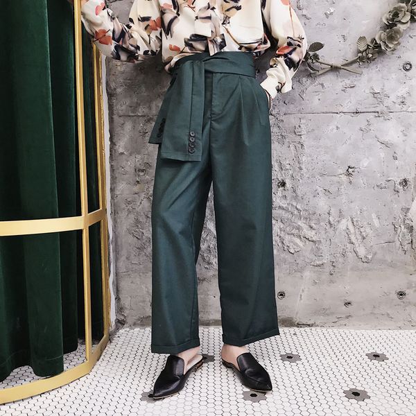 

mixcubic 2018 autumn england style high waist dark green wide leg pants men exquisite casual wide leg pants men trouser,m-xxl, Black