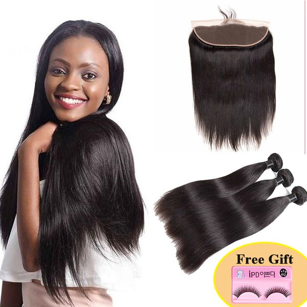 

lace frontal with 3 bundles straight brazilian virgin hair bundles with frontal peruvian india malaysian virgin human hair extension, Black