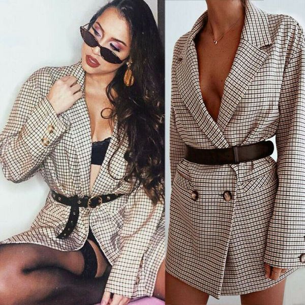 

new autumn winter women office lady elegant button turn-down collar long sleeve slim collect waist plaid long blazer coat chic, White;black