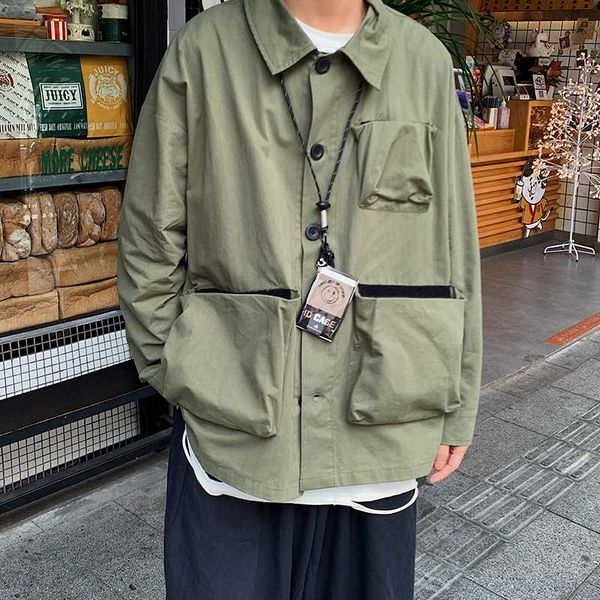 

spring tooling jacket men's fashion solid color multi-pocket jackets mens streetwear wild loose hip hop bomber jacket men, Black;brown