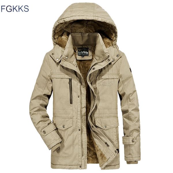 

fgkks winter brand men parka coat new men's safari style parka male plus velvet thickening washed hooded parkas warm coats, Black