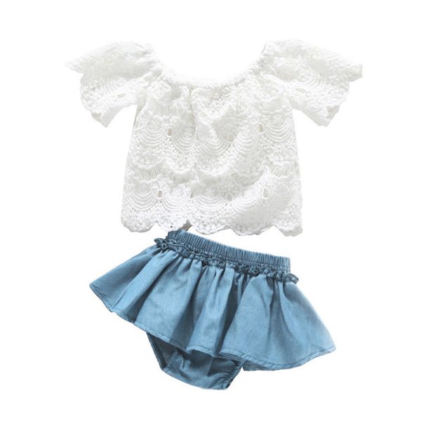 

Baby Girl Clothes Newborn Sets Toddler Outfit Off Shoulder White Lace Tops Denim Shorts 2Piece kit Dropshipping roupa infantil