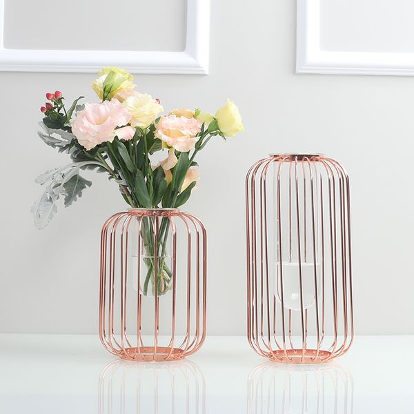 Glass Flower Vase Iron Metal Art Vase Rose Gold Flowerpot Home