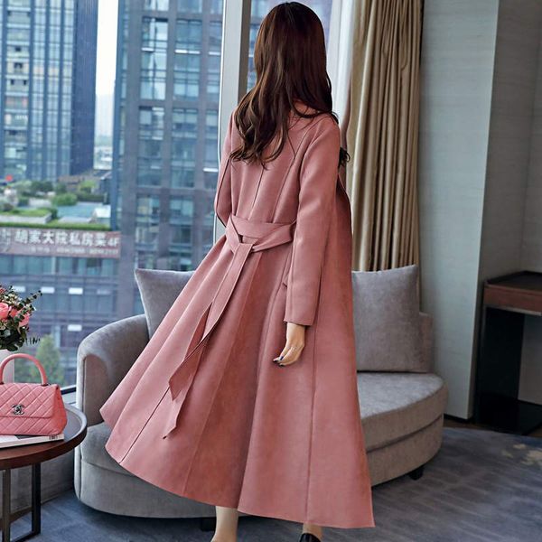 

elegant long trench coat for women new suede trench coat abrigos mujer windbreaker lace up cardigan women coat overcoat c5719, Tan;black