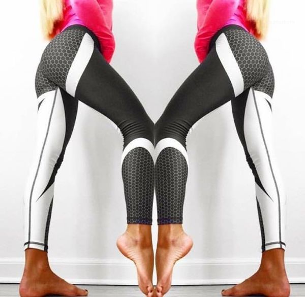 

womens yoga sports pants womens high waist fitness pants fashion honeycomb pattern hip lifting skinny pants, Black;white