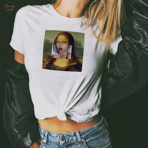 

cap sleeve mona lisa lolipop tee women fashion vintage t shirt stylish cool basic white artistic design chemise femme