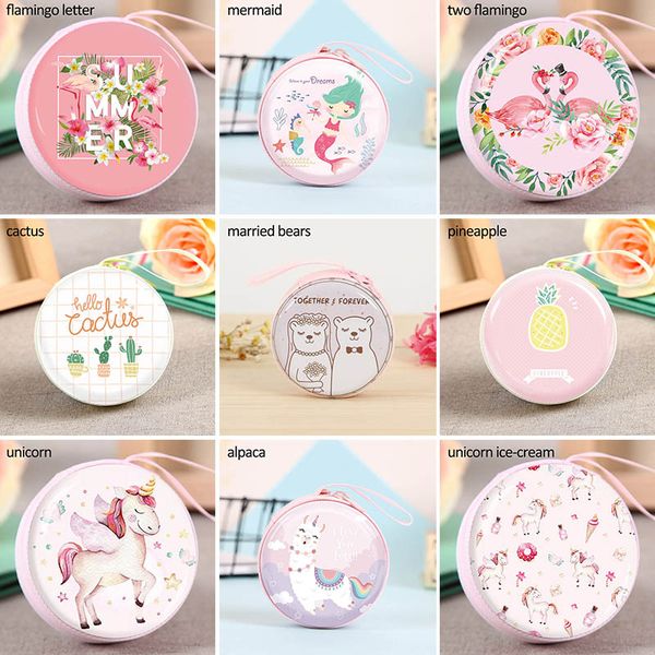 

Cheap Storage Bags Mini Zipper Hard Headphone Earbuds box Round Shape Bag Cartoon Animal Hard Boxes Tinplate Memory Card Organizer Coin Box