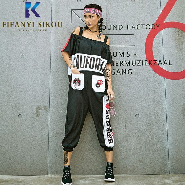 

streetwear women jumpsuit fashion print romper suspenders pocket short sleeve hip hop jumpsuits female loose summer overalls, Black;white