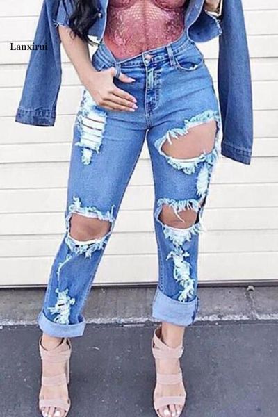 

women's jeans lanxirui high street women destroy knee hole stretchable denim pants trousers selling long fashion, Blue