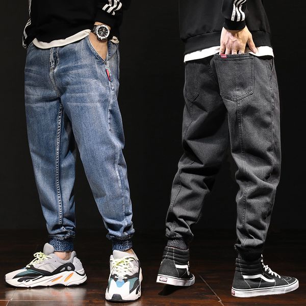 

men's jeans 2021 japanese style fashion men vintage designer denim cargo pants spliced harem trousers streetwear hip hop, Blue
