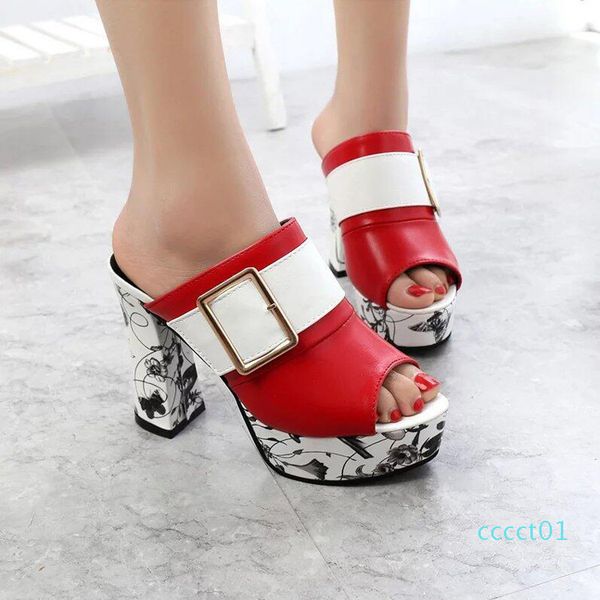 

2019 style slippers women platform buckles sandals women high-heeled slipper thick heel summer slipper women shoes, Black