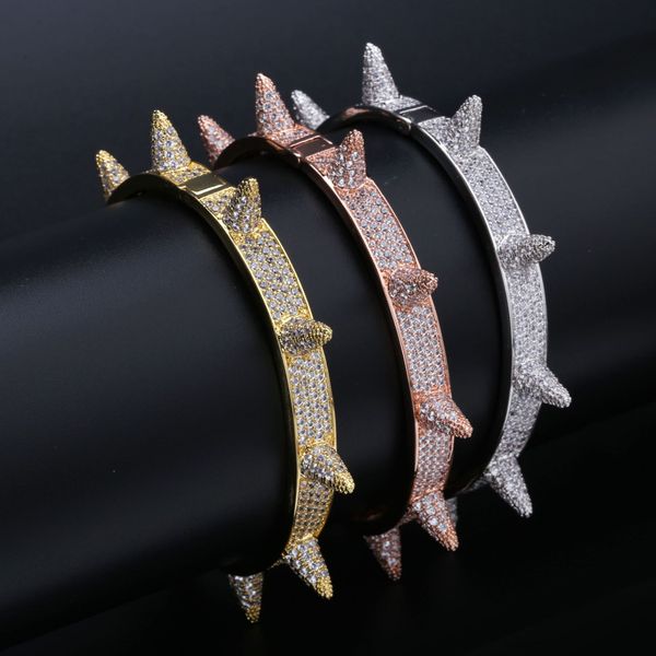 Fashion-Gold Placcato in oro bianco CZ Amanti degli zirconi cubici Bracciale rigido con perno Hip Hop Bracciale rigido da 7 mm Miami Rapper Gioielli per coppie