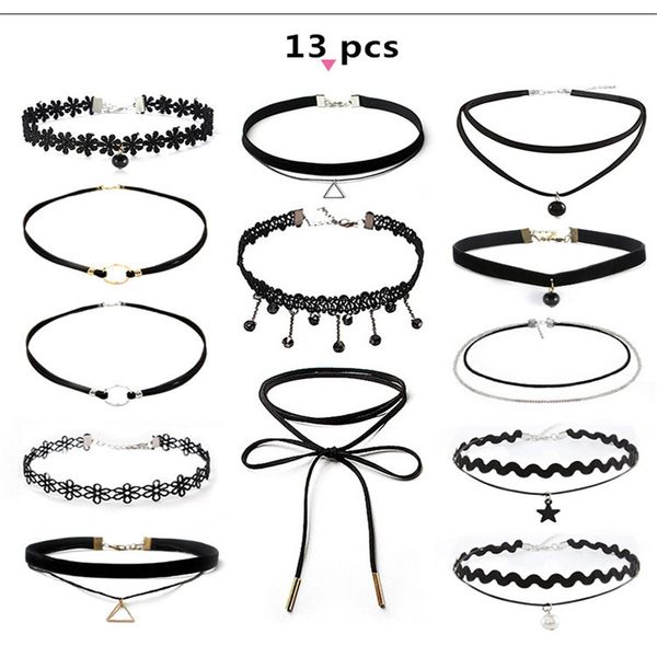

13 pcs/pack) black lace leather velvet strip choker necklace woman collar party jewelry neck accessories chokers, Silver