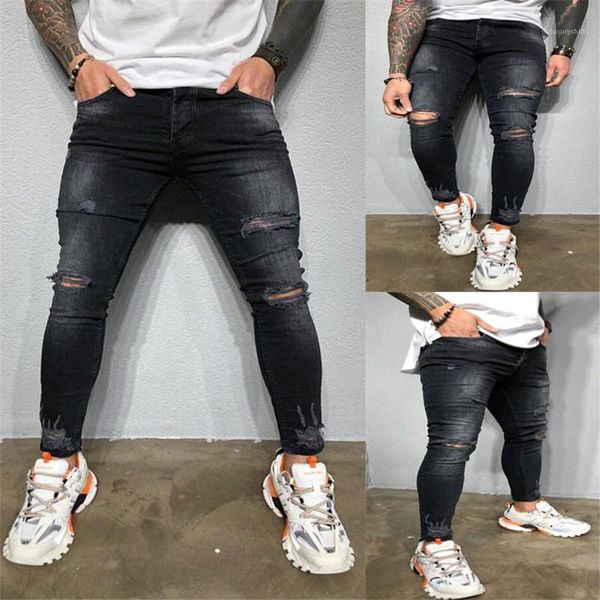 

casual fit jeans mens designer black jeans fashion knee holes hiphop street denim pencil pants mens, Blue