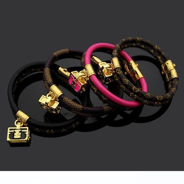 

мода марка названный браслеты lady печати цветок v письмо design double deck кожаный шнур браслет с 18k позолоченный сумки 4 цвета, Black