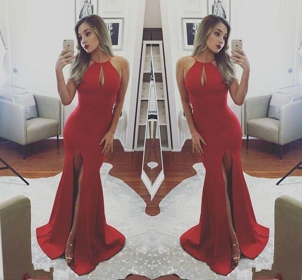 

mermaid evening dresses red 2020 arabic aso ebi satin prom gowns sweep train halter front split formal party dress, Black;red