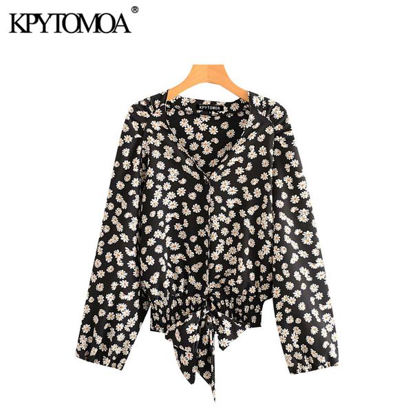 

women's blouses & shirts kpytomoa women 2021 fashion floral print bow tied vintage long sleeve elastic waist female blusas chic, White
