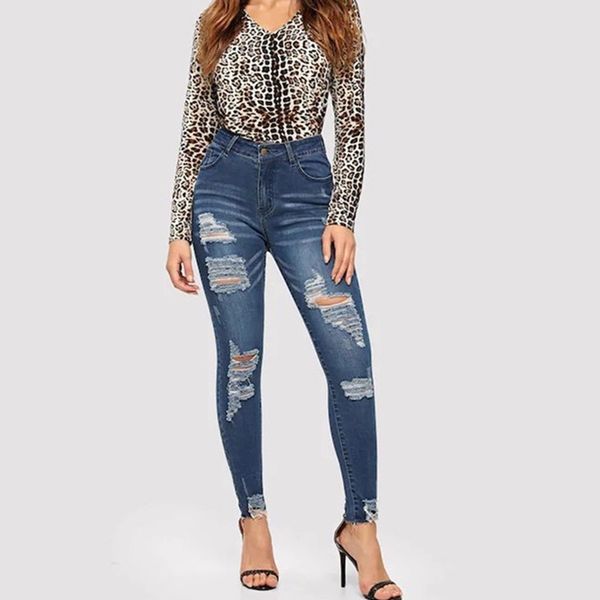 

solid denim pants summer fashion ripped hole jeans slim fit jeans women middle waist bleached washed pencil skinny women, Blue